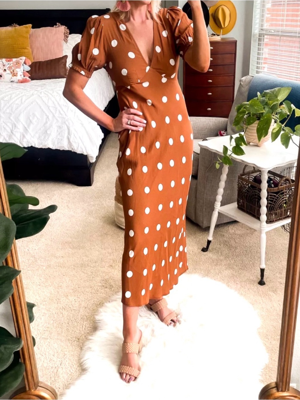 A New Day Crepe Puff Sleeve Polka Dot Maxi Dress Gown Rust White Small